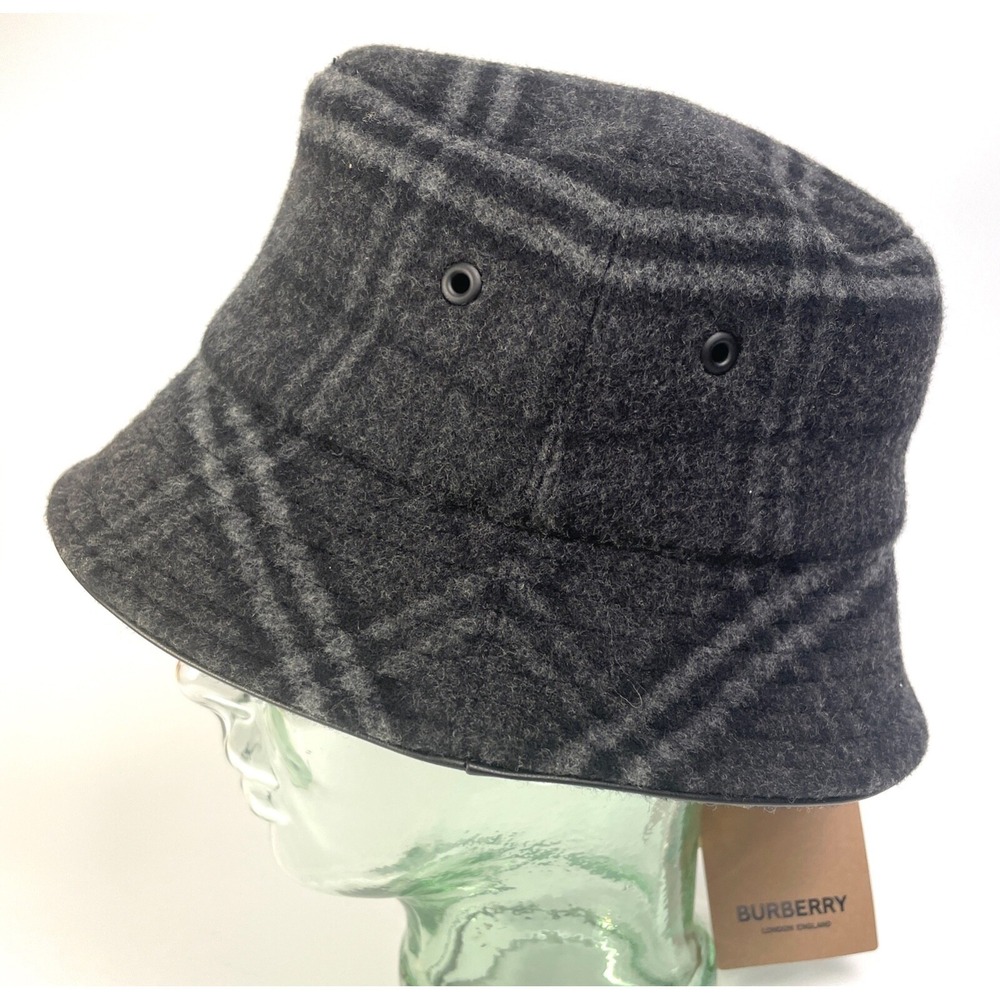Burberry Check Bucket Hat Wool Charcoal Gray Men's Hat, SM